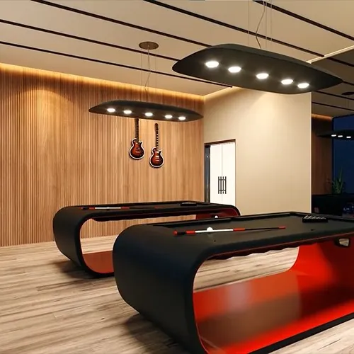 A billiards lounge with wood-panelled walls at Aparna Sarovar Towers