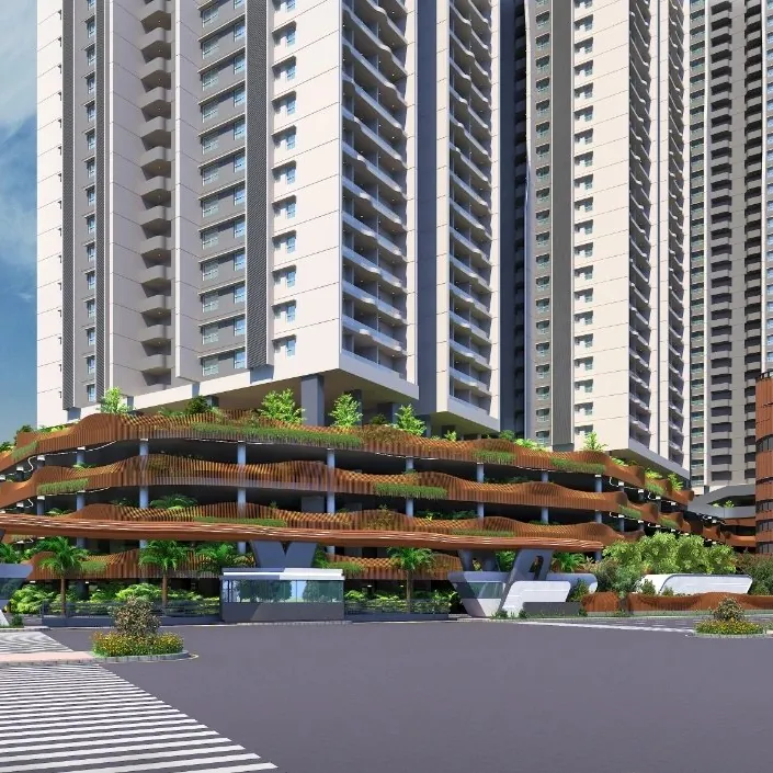 The landscaped podium and arrival court below a tower at Aparna Sarovar Towers